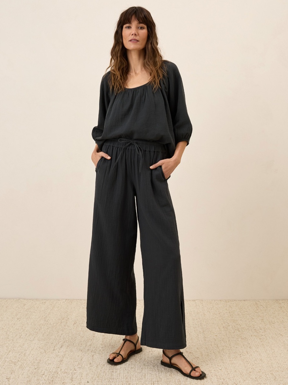 Pact organic coastal double wide-Leg Black Women's Pants L - Picture 4 of 6